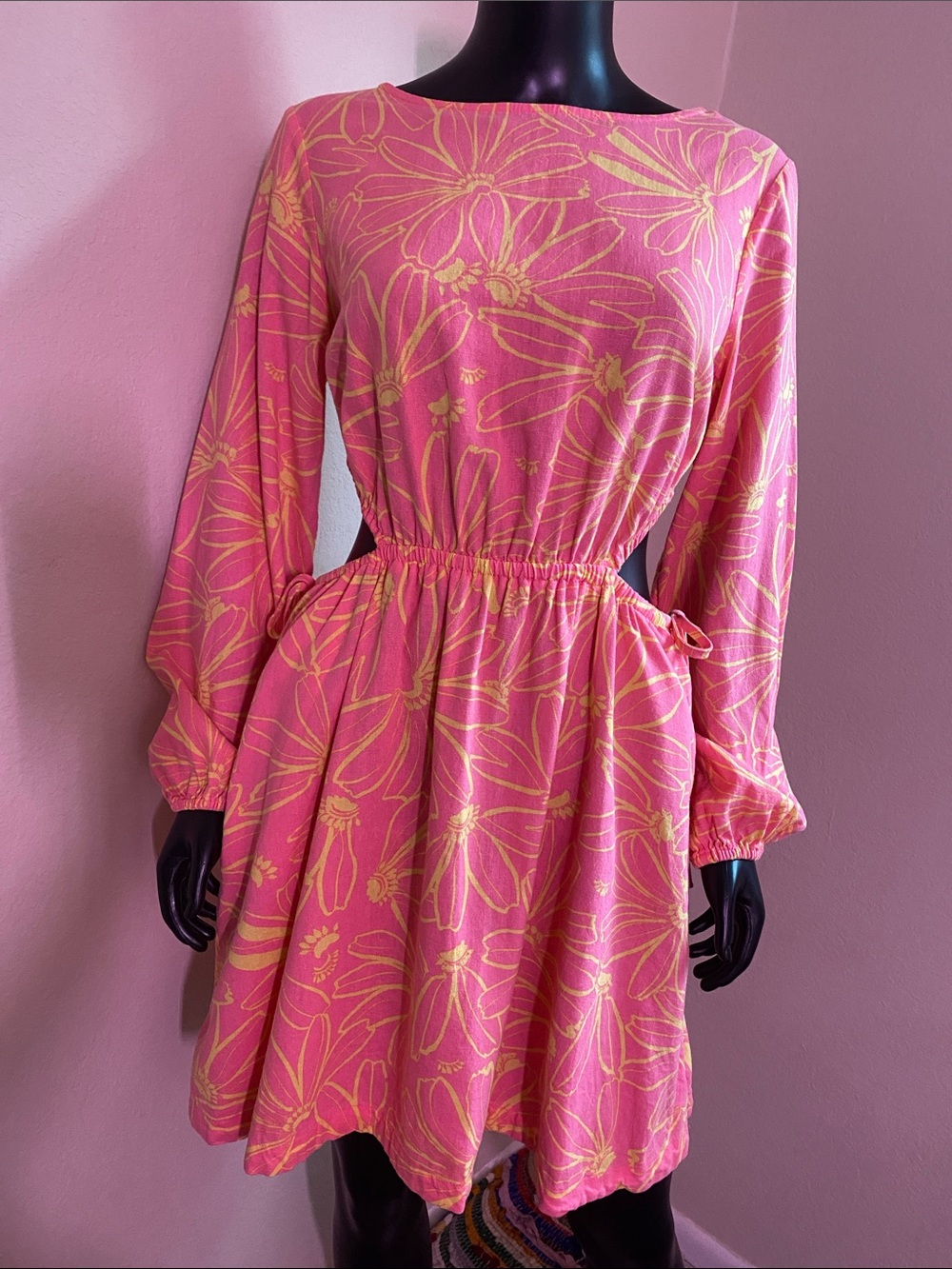 Universal Thread Pink Floral Long-Sleeve Elastic Waist Dress